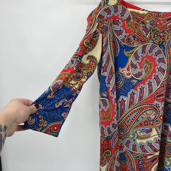 Chico's Fancy Paisley Cold-Shoulder Top Womens Size 2 Large Orange‎ Blue Paisley - Picture 4 of 11